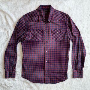 Banana Republic Red & Blue Plaid Snap Button Slim Fit Western Shirt L/S Medium